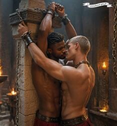 2boys 2humans 2males 3d 3d_(artwork) 3d_artwork about_to_kiss ai_generated black_hair blonde_hair chained_together chained_up dark-skinned_male dark_skin drama duo duo_focus enslaved first_porn_of_artist first_post_of_artist gay gay_interracial gay_male human_slave in_love indoors interracial light-skinned_male light_skin loving_couple loving_embrace melanin oc original original_characters planetgaycomics romance romantic_couple shirtless shirtless_male slaves together unable_to_move