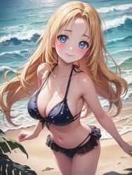 1girls ai_generated bangs beach bikini blonde_hair blue_eyes breasts commentary_request elise_de_clorance female female_only gekai_elise hi_res high_resolution highres light-skinned_female looking_at_viewer medium_breasts solo solo_focus