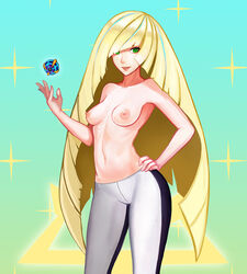 1girls aether_foundation areolae bass386 beast_ball blonde_hair breasts eyelashes female female_only green_eyes hair_over_one_eye hand_on_hips human lipstick long_hair lusamine_(pokemon) navel nintendo nipples pants pointy_chin poke_ball pokemon pokemon_sm small_breasts smile solo standing teeth topless