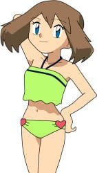 1girls 2000s 2000s_(style) bare_arms bare_legs bare_midriff bare_shoulders bare_thighs belly_button bikini bikini_bottom bikini_top blue_eyes brown_hair female female_only green_bikini green_bikini_bottom green_bikini_top green_swimsuit light-skinned_female light_skin long_hair love_heart love_hearts may_(pokemon) midriff navel only_female pokemon pokemon_(anime) pokemon_rse swimsuit