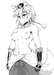 abs animal_ears breasts closed_mouth collarbone cowboy_shot expressionless female gauntlets greyscale hair_between_eyes hat inubashiri_momiji medium_breasts momiji_inubashiri monochrome nathaniel_pennel navel nipples pom_pom_(clothes) short_hair simple_background solo stomach tail tokin_hat toned topless touhou white_background wolf_ears wolf_tail