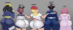 2boys 3girls amarys_(pokemon) ass ass_comparison ass_focus ass_size_chart big_ass carmine_(pokemon) crispin_(pokemon) female femboy kieran kieran_(pokemon) lacey_(pokemon) lineup nintendo pokemon pokemon_sv size_difference ssleviathann