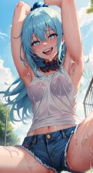 1girls ai_generated aqua_(konosuba) armpit armpit_fetish armpits arms_behind_head arms_up background bare_shoulders blue_eyes blue_hair blue_shorts blush blushing_at_viewer booty_shorts bottom_view breasts breasts_visible_through_clothing choker clothed clothing cum cum_drip cum_dripping cum_on_armpit cum_on_armpits cum_on_lower_body cum_on_thighs denim denim_shorts detailed_background doctork elbows female female_focus female_only from_below hair hair_ornament hair_ribbon hair_ring kono_subarashii_sekai_ni_shukufuku_wo! leaking_cum looking_down looking_down_at_viewer medium_breasts outdoors outside pov_eye_contact public purple_choker shorts shoulders smiling smiling_at_viewer squatting sweat sweatdrop sweatdrops sweating sweaty sweaty_body tank_top viewed_from_below white_tank_top white_topwear