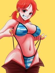 1girls bare_arms bare_shoulders big_breasts bikini bikini_bottom bikini_top clothed clothing color coolb female female_focus female_only green_eyes hi_res large_breasts light-skinned_female light_skin looking_at_viewer nami nami_(one_piece) one_piece orange_hair short_hair shounen_jump solo solo_female tagme thick_thighs undressing