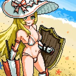 bikini blonde_hair green_eyes guardian_tales hat knight_lady_lapice_(guardian_tales) lapice_(guardian_tales) pixel_art shield tagme umbrella very_long_hair zommeva