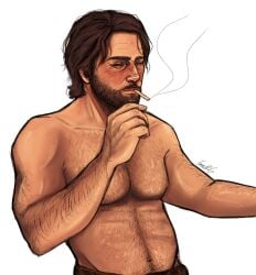 1boy abs arm_hair arthur_morgan beard blush blush body_hair chest_hair cigarette color facial_hair fit fr4nkt_4 male_only man_boobs moobs muscular muscular_male nipples no_sex no_visible_genitalia pants pants_only pecs red_dead_redemption_(series) red_dead_redemption_2 sfw shirtless smoking smoking_cigarette suggestive sweat sweating sweaty