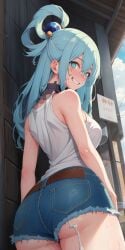 1girls ai_generated aqua_(konosuba) ass ass_focus background bare_shoulders blue_eyes blue_hair blue_shorts blush blushing_at_viewer booty_shorts choker clothed clothing cum cum_drip cum_dripping cum_dripping_from_ass denim denim_shorts detailed_background doctork elbows female female_focus female_only hair hair_ornament hair_ribbon hair_ring kono_subarashii_sekai_ni_shukufuku_wo! leaking_cum outdoors outside pov_eye_contact public purple_choker shorts shoulders smiling smiling_at_viewer sweat sweatdrop sweatdrops sweating sweaty sweaty_body tank_top white_tank_top white_topwear