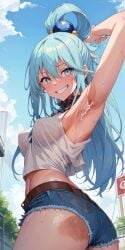 1girls ai_generated aqua_(konosuba) armpit armpit_fetish armpits arms_behind_back arms_up ass ass_focus background bare_shoulders big_ass big_butt blue_eyes blue_hair blue_shorts blush blushing_at_viewer booty_shorts bottom_view breasts breasts_visible_through_clothing choker clothed clothing cum cum_drip cum_dripping cum_on_armpit cum_on_armpits denim denim_shorts detailed_background doctork elbows female female_focus female_only from_below hair hair_ornament hair_ribbon hair_ring kono_subarashii_sekai_ni_shukufuku_wo! leaking_cum looking_down looking_down_at_viewer medium_breasts outdoors outside pov_eye_contact public purple_choker shorts shoulders side_view sideboob smiling smiling_at_viewer sweat sweatdrop sweatdrops sweating sweaty sweaty_body tank_top thick thick_ass viewed_from_below white_tank_top white_topwear