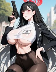 1girls ai_generated blazer blue_archive dark_hair firearm gun huge_breasts lewdwaifulaifu long_hair looking_at_viewer millennium_science_school_student pistol red_eyes rio_(blue_archive) seminar_(blue_archive) slim_waist thick_thighs thighs tsukatsuki_rio underboob weapon wide_hips