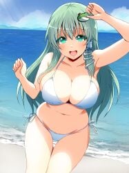 alternate_costume arm_up beach bikini blush breasts cleavage collarbone colored_eyelashes commentary_request cowboy_shot day eyes_visible_through_hair female fingernails frog_hair_ornament green_eyes green_hair hair_ornament hand_up highres horizon kochiya_sanae kyanta5354 large_breasts long_hair looking_at_viewer navel ocean open_mouth outdoors sanae_kochiya side-tie_bikini_bottom sidelocks smile snake_hair_ornament solo standing sunlight swimsuit thigh_gap touhou very_long_hair white_bikini