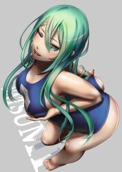 ass breasts date_a_live digitalfragment female female_only green_eyes green_hair kyouno_natsumi light-skinned_female long_hair looking_at_viewer solo solo_female swimsuit thighs transformation