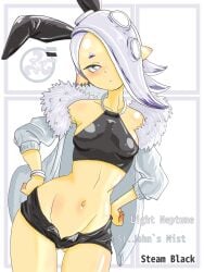 2024 black_eyelashes black_shorts breasts bunny_costume bunny_ears bunny_girl clothed clothing costume digital_media_(artwork) ear_piercing female female_only grey_eyes grey_scarf hi_res hips light-skinned_female light_purple_hair light_skin marine marine_humanoid medium_breasts medium_hair mollusk mollusk_humanoid nintendo pseudo_hair ring scarf shiver_(splatoon) shiver_hohojiro splatoon splatoon_(series) splatoon_3 stomach t2ukmyjm tentacle tentacle_hair thick_thighs tooth_earrings