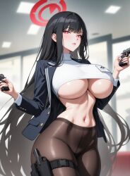 1girls ai_generated blazer blue_archive dark_hair firearm gun huge_breasts lewdwaifulaifu long_hair looking_at_viewer millennium_science_school_student pistol red_eyes rio_(blue_archive) seminar_(blue_archive) slim_waist thick_thighs thighs tsukatsuki_rio underboob weapon wide_hips