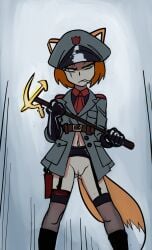 1girls boots bottomless branding_iron cigarette cigarette_in_mouth clouded_eyes facial_scar female female_only fox_ears fox_tail garter_belt gloves gray_eyes green_eyes gun gun_holster looking_at_viewer military_cap military_hat military_jacket military_uniform nancy_lew_(oc) nylons pale_skin peaked_cap red_hair scar scar_across_eye scar_on_face solo_female sooperman soviet stern_expression