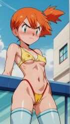 1girls accurate_art_style ai_generated angry angry_face autismmix_pony(model) bikini blush breasts building butt_from_the_front cameltoe closed_mouth clouds covered_nipples erect_nipples_under_clothes female female_focus green_eyes hand_on_hip kasumi_(pokemon) marusame midriff misty_(pokemon) orange_hair outside partially_visible_vulva pokemon ponytail pubic_hair shiny_skin show_accurate solo stable_diffusion thighhighs thong underboob