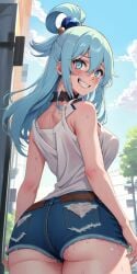 1girls ai_generated aqua_(konosuba) ass ass_focus background bare_shoulders blue_eyes blue_hair blue_shorts blush blushing_at_viewer booty_shorts choker clothed clothing crazy_eyes creepy_smile cum cum_drip cum_dripping cum_dripping_from_ass denim denim_shorts detailed_background doctork elbows female female_focus female_only hair hair_ornament hair_ribbon hair_ring kono_subarashii_sekai_ni_shukufuku_wo! leaking_cum outdoors outside pov_eye_contact public purple_choker shorts shoulders smiling smiling_at_viewer sweat sweatdrop sweatdrops sweating sweaty sweaty_body tank_top white_tank_top white_topwear yandere