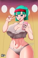 bulma_briefs bulma_briefs_(frieza_saga) cellphone dragon_ball dragon_ball_z female green_hair jadenkaiba medium_hair panties selfie short_hair solo v