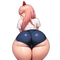 1girls @_@ ai_generated ass bloomers chainsaw_man demon_girl gym_uniform horns huge_ass long_hair looking_at_viewer looking_back pink_hair power_(chainsaw_man) shorts smesh_(artist) smile standing thick_thighs