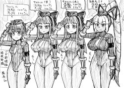 4girls aura big_breasts breasts busty capcom child_bearing_hips cosplay curvy dark-skinned_female dark_skin dual_persona expressionless female female_only fingerless_gloves gloves hair_ribbon highres japanese_text large_breasts legs leotard long_hair majikina_mina monochrome multiple_girls murasaki_nakoruru nakoruru necktie pantyhose parted_lips ponytail ribbon rimururu salute samurai_shodown serious shadaloo_dolls short_hair siblings sisters sketch small_breasts snk solo street_fighter thighs translation_request voluptuous