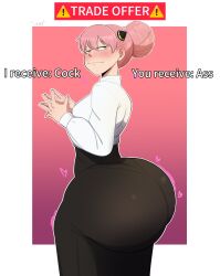 1girls aged_up anya_forger ass better_version_at_source bottom_heavy breasts clothed clothed_female dat_ass edit fat_ass fat_butt female hair_bun hi_res huge_ass light-skinned_female light_skin meme naughty_face pink_hair shortstack smug spy_x_family thick_thighs tied_hair trade_offer twitter_sample wide_hips yamathegod