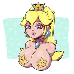 big_breasts blonde_hair blue_eyes breasts crown earrings mario_(series) nintendo nipple_stickers nipples onichaitea princess_peach royalty