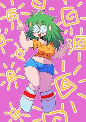 1girls big_breasts blue_shorts breasts chubby female glasses green_hair human light-skinned_female light_skin marysquid nerd nerdy_female round_glasses shorts socks tagme thick_thighs wide_hips