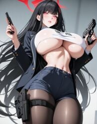 1girls ai_generated blazer blue_archive dark_hair firearm gun lewdwaifulaifu long_hair looking_at_viewer massive_breasts millennium_science_school_student pistol red_eyes rio_(blue_archive) seminar_(blue_archive) slim_waist thick_thighs thighs tsukatsuki_rio underboob weapon wide_hips