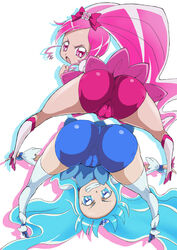 2girls ass bike_shorts blue_hair bow clothing cure_blossom cure_marine erika_kurumi heartcatch_precure! hip_attack magical_girl multiple_girls pink_hair pretty_cure shorts stockings tsubomi_hanasaki xian_zou_zhi