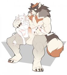 anthro balls big_balls big_penis bovine canine cattle duo erection female humanoid_penis larger_male male mammal muscular nude penis pussy size_difference spread_legs spreading straight teil