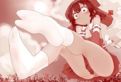 anus ascot ass bare_shoulders blush bow commentary_request detached_sleeves embarrassed f_tabiaki feet female flying frilled_bow frills full_body gohei hairbow hakurei_reimu highres japanese_clothes miko monochrome no_panties outdoors reimu_hakurei sky soles solo tabi touhou