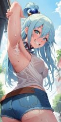 1girls ai_generated aqua_(konosuba) armpit armpit_fetish armpits arms_behind_back arms_up ass ass_focus background bare_shoulders big_ass big_butt blue_eyes blue_hair blue_shorts blush blushing_at_viewer booty_shorts bottom_view breasts breasts_visible_through_clothing choker clothed clothing cum cum_drip cum_dripping cum_on_armpit cum_on_armpits denim denim_shorts detailed_background doctork elbows female female_focus female_only from_below hair hair_ornament hair_ribbon hair_ring kono_subarashii_sekai_ni_shukufuku_wo! leaking_cum looking_down looking_down_at_viewer medium_breasts outdoors outside pov_eye_contact public purple_choker shorts shoulders smiling smiling_at_viewer sweat sweatdrop sweatdrops sweating sweaty sweaty_body tank_top thick thick_ass viewed_from_below white_tank_top white_topwear