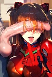 1boy 1girls ai_generated asuka_langley_sohryu blue_eyes blush bodysuit hair_ornament long_hair middle_finger neon_genesis_evangelion orange_hair sayuai