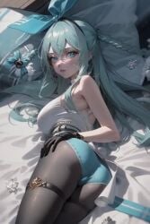 ai_generated ass ass_focus bed bedroom black_survival blue_hair blue_panties breasts butt_focus emma_(black_survival) emma_hardy eternal_return:_black_survival gloves laying_down laying_on_bed laying_on_side pantyhose tease white_shirt