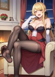 ai_generated big_breasts blonde_hair feet feet_up kawaii_waifus monogatari_(series) oshino_shinobu pantyhose patreon vampire_girl