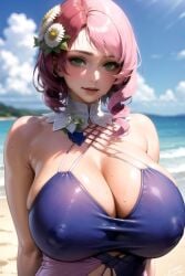 1girls 2024 ai_generated alisa_bosconovitch beach beach_background big_breasts blush breasts clothed_female clothing day daytime dress female female_only flower_in_hair green_eyes light-skinned_female light_skin looking_at_viewer multicolored_hair nai_diffusion namco namco_bandai nipples nipples_visible_through_clothing pink_hair robot robot_girl robot_humanoid short_hair solo solo_female stable_diffusion standing sweaty_body tekken tekken_7 tekken_8 tekken_tag_tournament_2 video_game video_game_character wet wet_body wet_skin