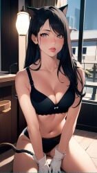 1girls ai_generated ai_mirror arms_in_front belly_button black_hair black_underwear blush cat_ears cat_tail gloves grey_eyes lamp long_hair looking_at_viewer on_knees small_breasts tail thick_lips underwear white_gloves white_skin window