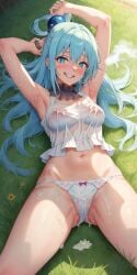 1girls ai_generated aqua_(konosuba) armpit armpit_fetish armpits arms_behind_head arms_up background bare_shoulders blue_eyes blue_hair blush blushing_at_viewer bottom_view breasts breasts_visible_through_clothing choker clothed clothing cum cum_drip cum_dripping cum_dripping_out_of_pussy cum_in_pussy cum_on_armpit cum_on_armpits cum_on_lower_body cum_on_thighs detailed_background doctork elbows female female_focus female_only from_below grass grass_field hair hair_ornament hair_ribbon hair_ring kono_subarashii_sekai_ni_shukufuku_wo! leaking_cum looking_down looking_down_at_viewer lying lying_down lying_on_ground medium_breasts outdoors outside panties pov_eye_contact public purple_choker shoulders smiling smiling_at_viewer sweat sweatdrop sweatdrops sweating sweaty sweaty_body tank_top viewed_from_below white_panties white_tank_top white_topwear