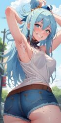 1girls ai_generated aqua_(konosuba) armpit armpit_fetish armpits arms_behind_back arms_up ass ass_focus background bare_shoulders big_ass big_butt blue_eyes blue_hair blue_shorts blush blushing_at_viewer booty_shorts bottom_view breasts breasts_visible_through_clothing choker clothed clothing cum cum_drip cum_dripping cum_on_armpit cum_on_armpits denim denim_shorts detailed_background doctork elbows female female_focus female_only from_below hair hair_ornament hair_ribbon hair_ring kono_subarashii_sekai_ni_shukufuku_wo! leaking_cum looking_down looking_down_at_viewer medium_breasts outdoors outside pov_eye_contact public purple_choker shorts shoulders side_view sideboob smiling smiling_at_viewer sweat sweatdrop sweatdrops sweating sweaty sweaty_body tank_top thick thick_ass viewed_from_below white_tank_top white_topwear