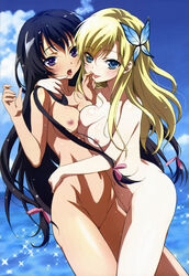 black_hair blonde_hair boku_wa_tomodachi_ga_sukunai butterfly_hair_ornament fujii_maki mikazuki_yozora naked nipples nude photoshop pussy sena_kashiwazaki uncensored wet yuri