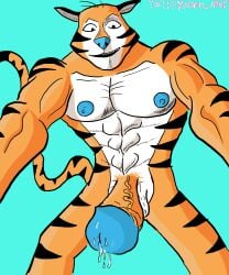 big_penis blue_background blue_nipples blue_penis furry furry_male male_only muscular_male orange_fur semen striped_fur tail tiger tony_the_tiger yuuren_nyuk