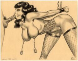 1boy 1boy1girl 1girls bettie_page big_breasts black_hair blowjob bondage breasts chain_bondage chained_cuffs chains erection faceless_male fellatio fishnet_stockings fishnets hanging_breasts julius_zimmerman legs_spread leopard_print long_hair looking_up_at_partner nipple_weights nipples wrists_restrained
