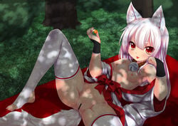 animal_ears bell bell_collar blanket breasts bridal_gauntlets censored collar dappled_sunlight female forest fox_ears fox_tail japanese_clothes kimono kitsune langlong long_hair looking_at_viewer lying nature nipples nude on_back open_clothes open_kimono original pussy red_eyes sash silver_hair small_breasts solo spread_legs sunlight tail thighhighs tongue tongue_out white_hair white_legwear