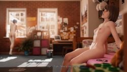 2girls 3d aftermath bed blue_hair brown_hair casual casual_nudity chloe_price closed_eyes dinoboy555 english_text female female_only full_color life_is_strange max_caulfield no_penetration no_sex nude nude_female text