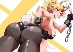 absurdres animal_ears ass black_gloves black_leotard blonde_hair blush breasts chains commentary_request cuffs fake_animal_ears fake_tail female from_behind fugaku_(miko_no_miyatsuguchi) gloves highres horns hoshiguma_yuugi large_breasts leotard long_hair oni pantyhose playboy_bunny ponytail rabbit_ears rabbit_tail red_horns shackles sideboob single_horn solo star_(symbol) strapless strapless_leotard sweatdrop tail touhou two-tone_background yuugi_hoshiguma