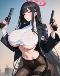 1girls ai_generated blazer blue_archive dark_hair firearm gun huge_breasts lewdwaifulaifu long_hair looking_at_viewer millennium_science_school_student pistol red_eyes rio_(blue_archive) seminar_(blue_archive) slim_waist thick_thighs thighs tsukatsuki_rio underboob weapon wide_hips