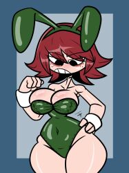 breasts bunny_ears bunny_girl bunnysuit female green_body hand_on_hip juramg kim_pine leotard pants scott_pilgrim slime slime_girl slime_monster thick_thighs thighs