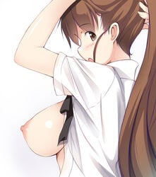 blush breasts brown_eyes brown_hair female gengoroh large_breasts long_hair looking_at_viewer nipples no_bra open_clothes open_mouth open_shirt ponytail ribbon shirt simple_background solo taneshima_popura tied_hair white_background working!!