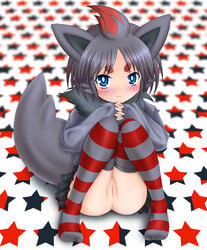 1girls animal_ears ashita_ganbaru ass black_hair blue_eyes blush bottomless censored eyelashes feet female female_only human looking_at_viewer nintendo personification pokemon pokemon_(species) pokemon_bw pussy short_hair sitting smile solo star striped striped_legwear tail thighhighs zorua