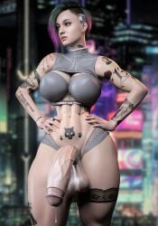 3d audrix crotch_tattoo cum_dripping cyberpunk_2077 futa_only futanari hands_on_waist huge_ass huge_breasts huge_cock judy_alvarez muscular_futanari panties solo_futa thick_penis underwear veiny_penis voluptuous