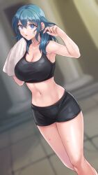 1girls absurdres alternate_version_available bare_shoulders black_shorts blue_eyes blue_hair blurry blurry_background breasts byleth_(female)_(fire_emblem) byleth_(fire_emblem) byleth_(fire_emblem)_(female) cleavage commentary_request crop_top feet_out_of_frame female female_only fire_emblem fire_emblem:_three_houses fully_clothed hands_up hazuki_(nyorosuke) highres large_breasts long_hair looking_at_viewer midriff navel nintendo parted_lips short_shorts shorts solo sports_bra standing stomach teal_hair thighs tight_clothing towel